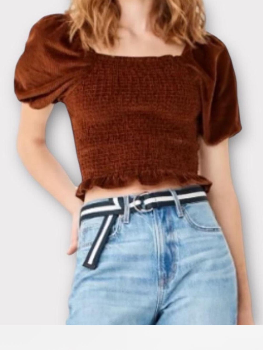 American Eagle Outfitters Chocolate Brown Velvet Puff-Sleeve Crop Top